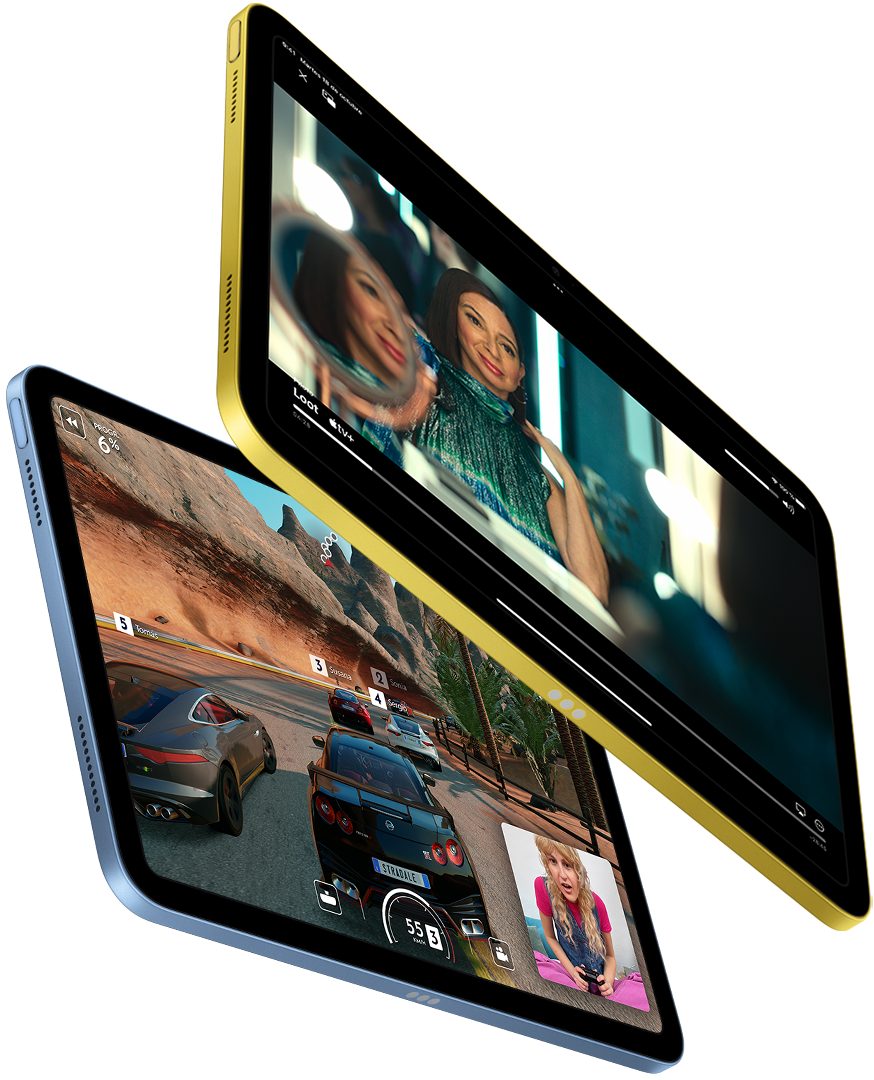 Vista de un iPad con Apple TV+ y otro con un juego en SharePlay.