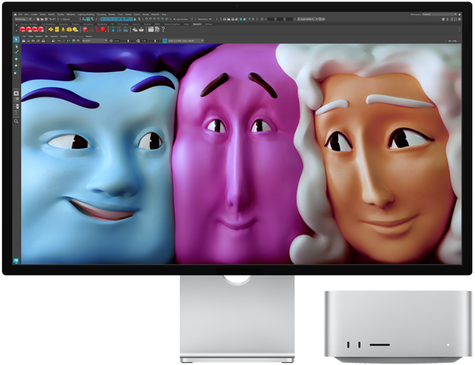 Vista frontal del Mac Studio y el Studio Display