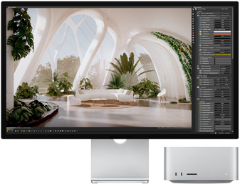 Vista frontal del Studio Display junto al Mac Studio