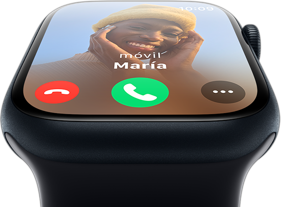 Vista frontal de un Apple Watch con una llamada entrante en la pantalla.