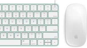 Primer plano de un teclado Magic Keyboard con Touch ID y un ratón Magic Mouse vistos desde arriba.